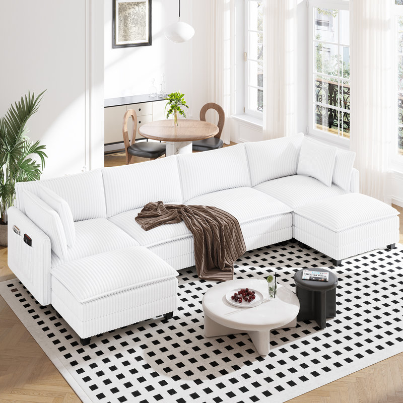Canapé modulaire en forme de U de 143 po avec 2 repose-pieds, Velours côtelé beige