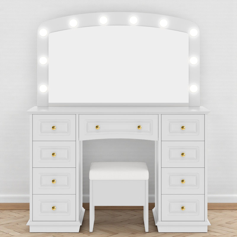 Makeup Vanity Set With Lighted Mirror And Stool