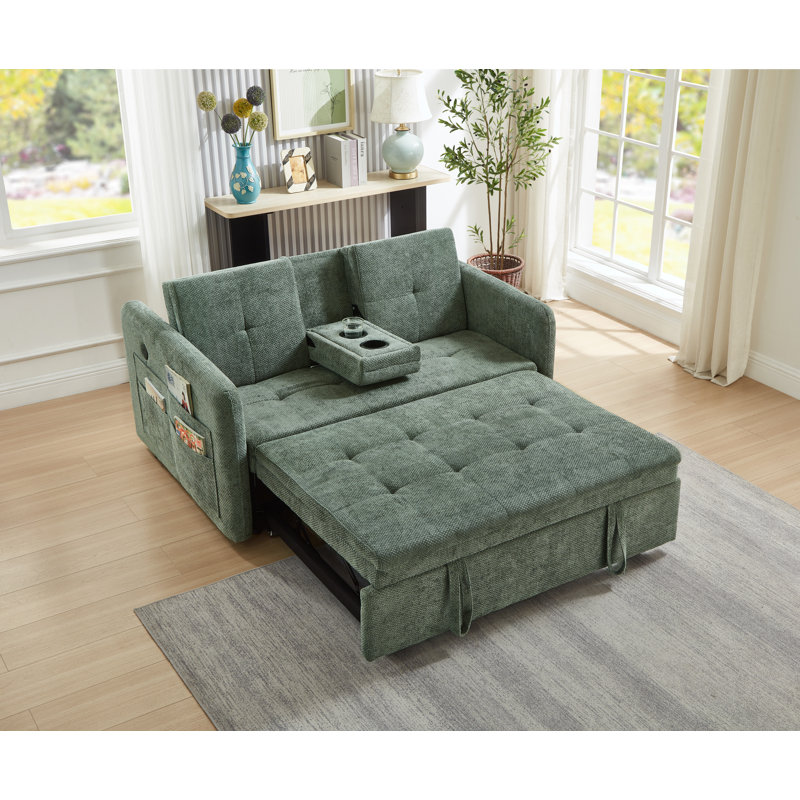 57" 3 In 1 Convertible Sleeper Sofa Bed with two cup holders, Futon Couch with Side Pocket, Usb, Green