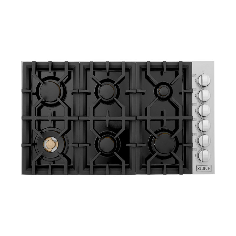 ZLINE 36 in. Gas Cooktop with 6 Burners and Porcelain Top, Black Porcelain with Brass Burners