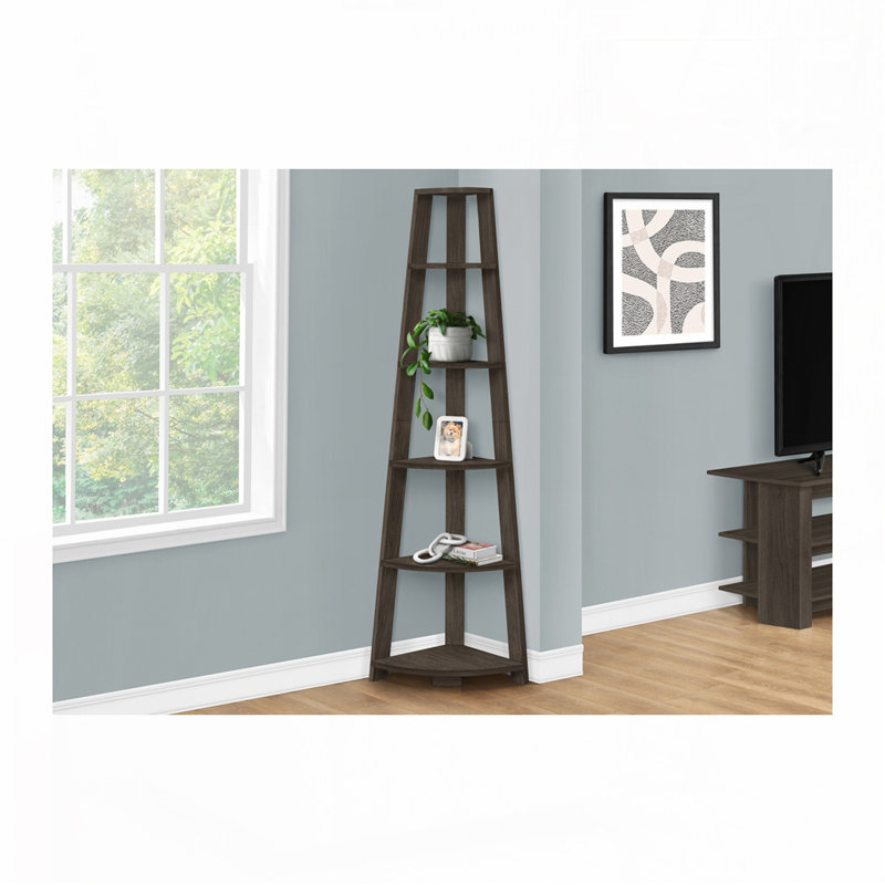 5 Tier Corner Bookshelf Bookcase, Oak Walnut, (5 Shelves) 71.25" H x 22.5" W x 15.5" D