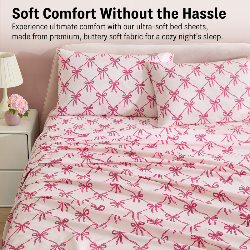 Ensemble de draps HLC.ME Pink Bows, Ensemble de draps pour lit simple avec 1 taie d'or
