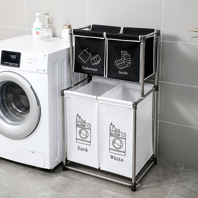 Laundry Basket With 4 Removable Bags, 2 Tier Structure, Four Wheels, Strong Frame, Sort Attire By Various Shades Garments Color