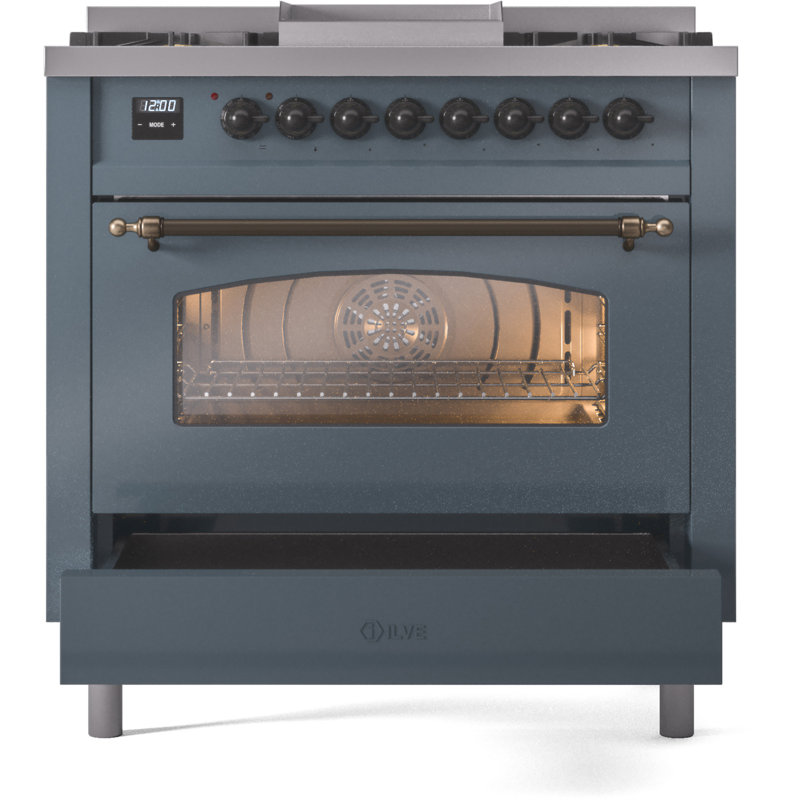 ILVE Nostalgie II 36 Dual Fuel Range, knobs, Blue Gray/Bronze, Liquid Propane