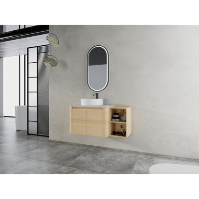 Meuble-lavabo mural 42 po avec lavabo d'art en céramique et 1 tablette de rangement, 2 portes à fermeture douce, emballage KD, contreplaqué