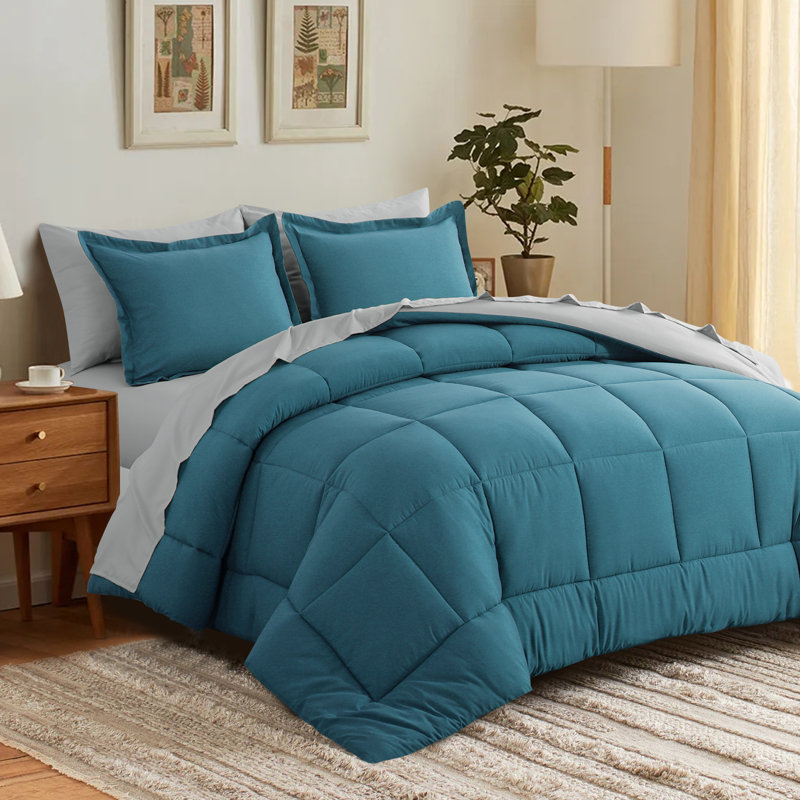 Ensemble d'édredon en microfibre 5/7-pièces , Édredon double et 6 pièces supplémentaires, Bleu sarcelle / gris clair