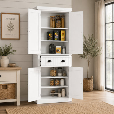 Armoire de rangement blanche autoportante avec étagères réglables pour cuisine ou salle de bain