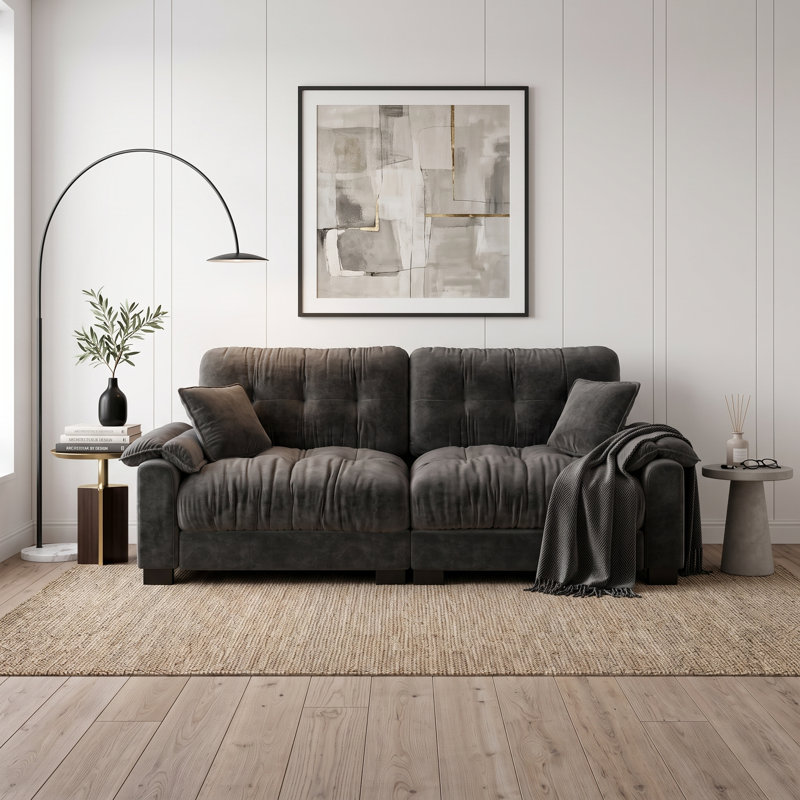 Canapé plissé 94 po à 3 places avec support à ressorts et coussins en mousse haute densité 94 po, Noir