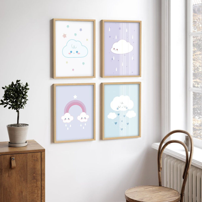 Multicolore, encadré, impression, ensemble, galerie, impression, collage, enfants, bandes dessinées, pastel, nuages, arc-en-ciel