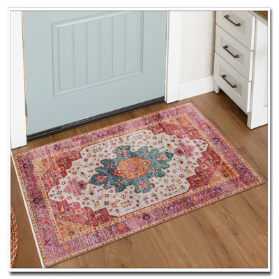 Thin Washable 5X7 Pink/Teal/Multi Boho Oriental Medallion Rug Non-Slip Non-Shedding Carpet For Bedroom Living Room Kids Nursery Office