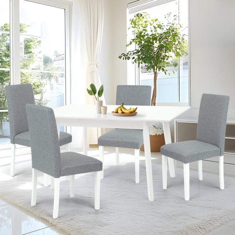 5 Piece Dining Table Set, Extendable Rectangular Dining Table w 4 Classic Style Solid Wood Upholstered Chairs, Gray, White