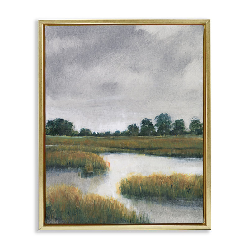 Paysage de marais nuageux, H 21 po x l 17 po, Cadre flottant métallique doré