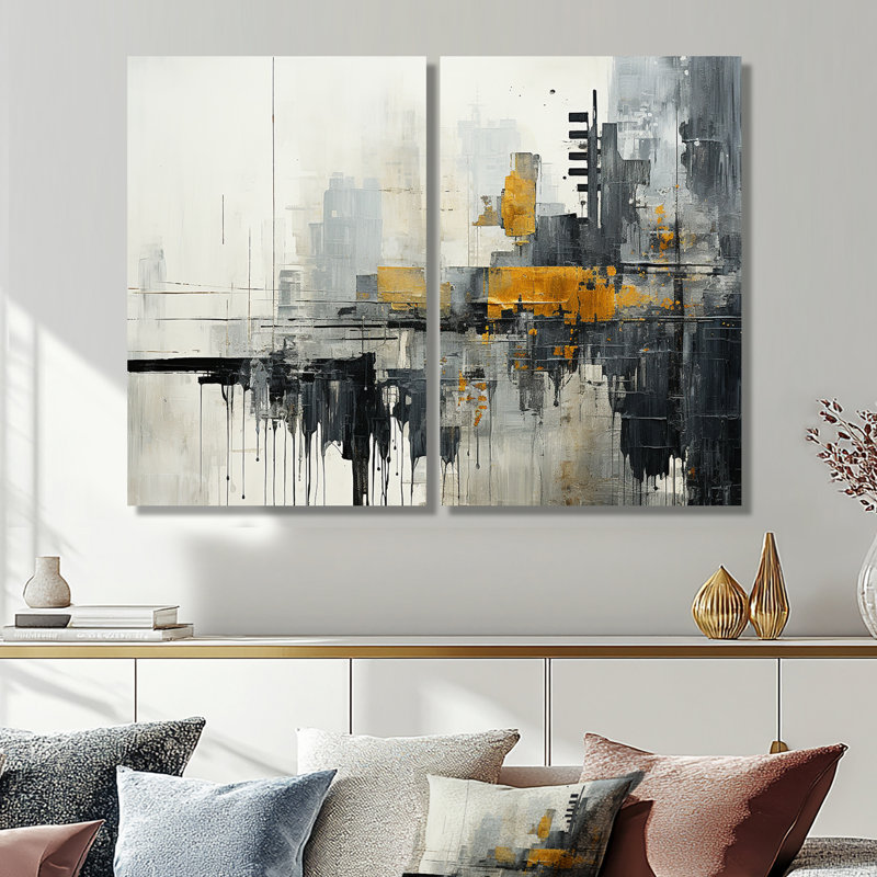 Abstrait paysage urbain III - art mural sur toile jaune 2 panneaux, 36" H x 48" W, Wrapped Canvas, Does Not Apply