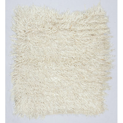 Tapis à poils longs fabriqué à la main 4,2 x 4,4 pi en laine de mohair beige naturel