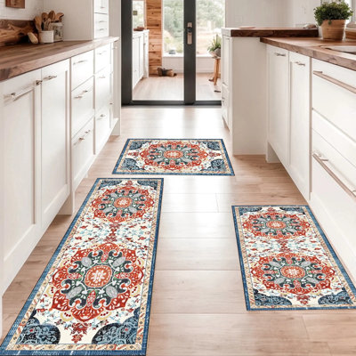 3Pcs Bohemian Farmhouse Pattern Anti Slip Running Track Carpet - Machine Washable, Retro Decoration Suitable For Kitchen, Bedroom, Hallway, Foyer - Suitable For Hardwood Flooring, Rolled Edge Design, Linen Bottom Safety Anti Slip Design