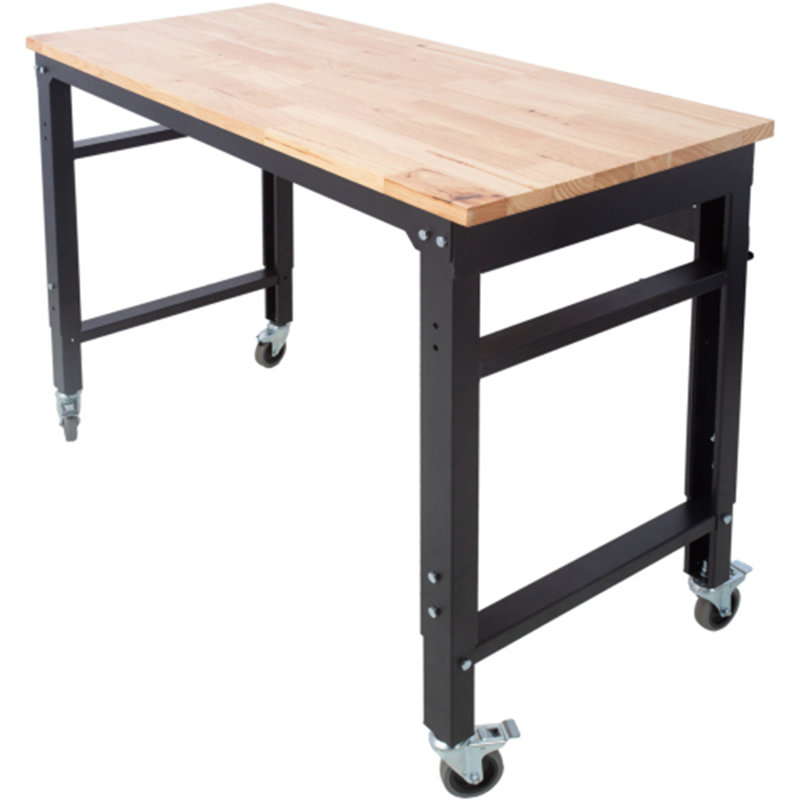 Établis roulants pour le garage - Hauteur réglable, banc à outils d'atelier, plateau en métal avec plateau en bois d'hévéa, pied martelé noir