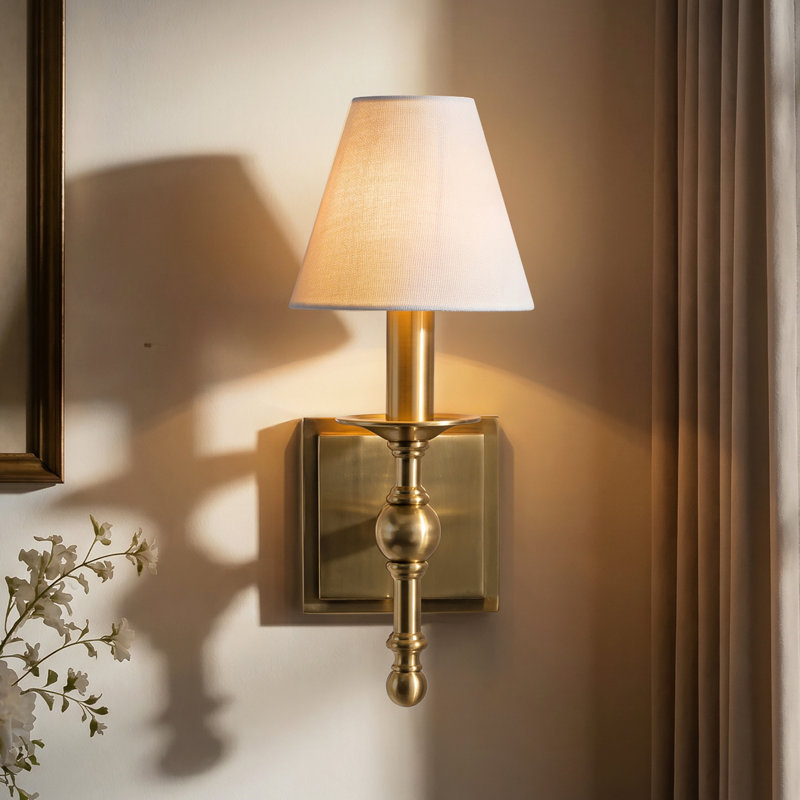 Applique murale 1 lumière en laiton chaud classique avec abat-jour en tissu à intensité variable pour salle de bain, 1