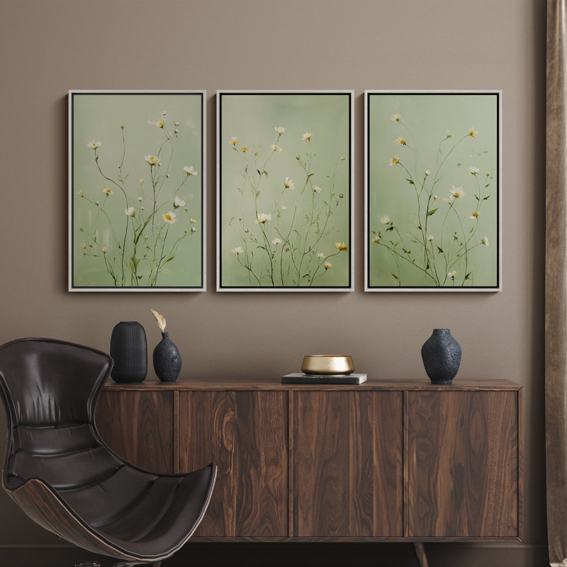 Impression murale délicate, fleurs sauvages blanches sur fond vert doux, botanique, 3 pièces, H 24 po x l 16 po, Blanc