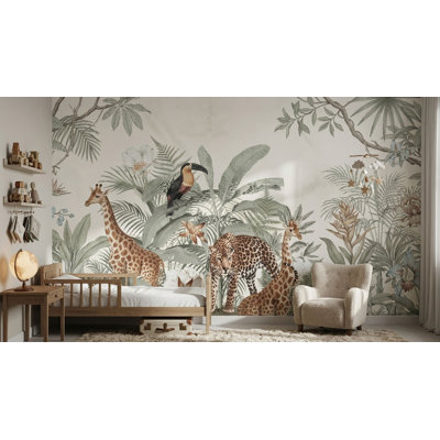 Papier peint tropical crème, léopard et toucan Girafe