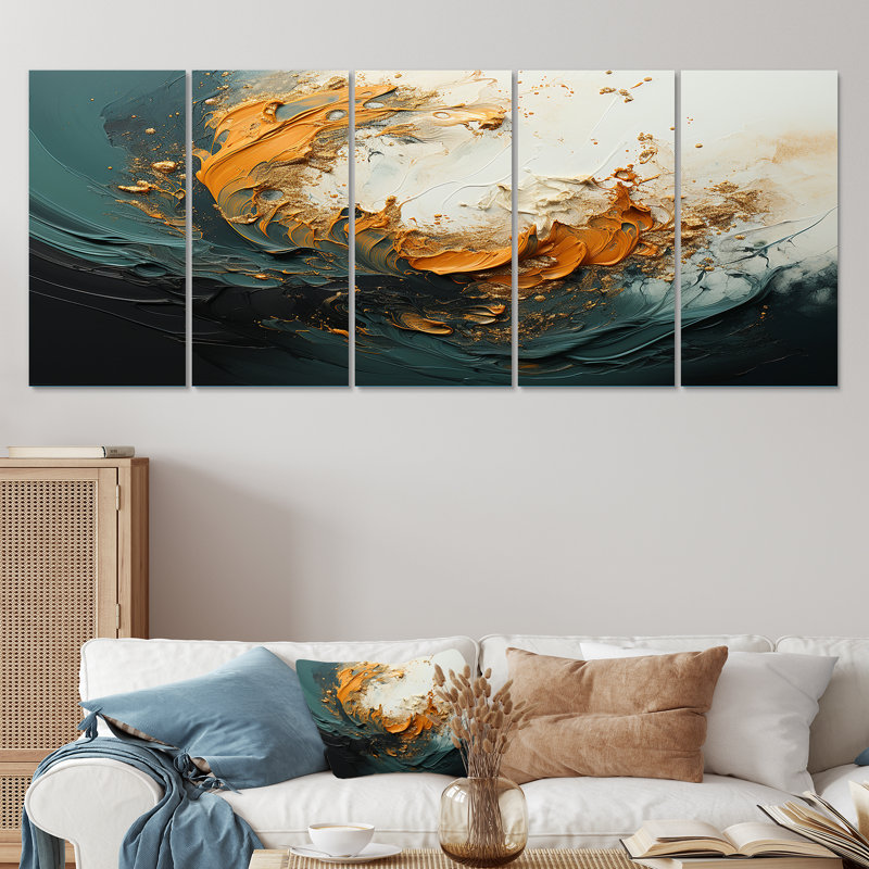 «Orange and Gold Marble Lava IV», peinture abstraite, art mural 5 pièces, H 28 po x l 60 po