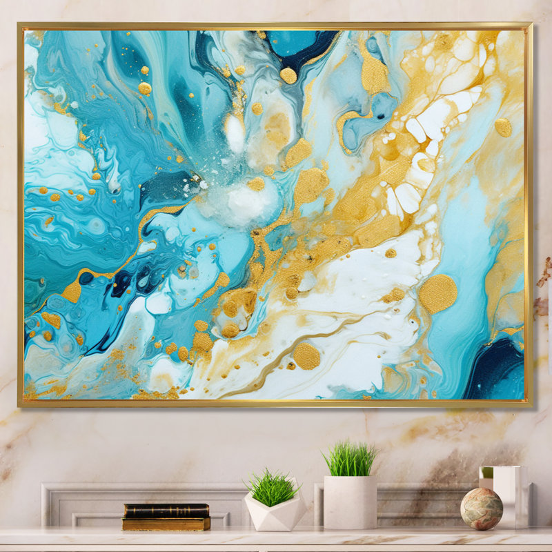 Turquoise luxueux, art fluide abstrait sur toile, Cadre flottant doré, H 34 po x l 44 po x P 1,5 po