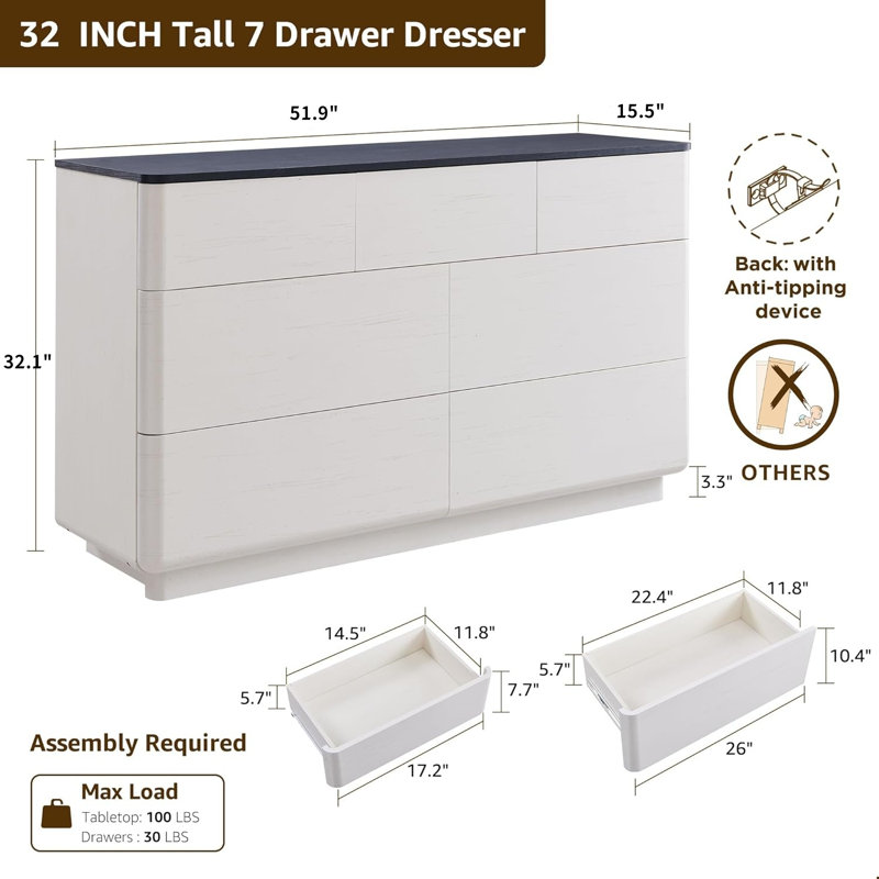 52" Wide Modern 7 Drawer Dresser, Wood Handleless Dresser Chest Of Drawers For Bedroom, White