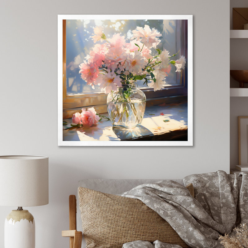 Belles fleurs roses dans un vase ensoleillé - impression, H 16 po x l 16 po x P 1 po, Cadre simple blanc