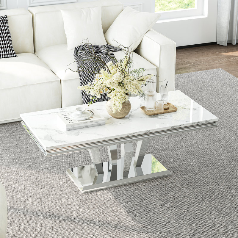 3 - Piece Faux Marble Top Living Room Table Set, White, Silver