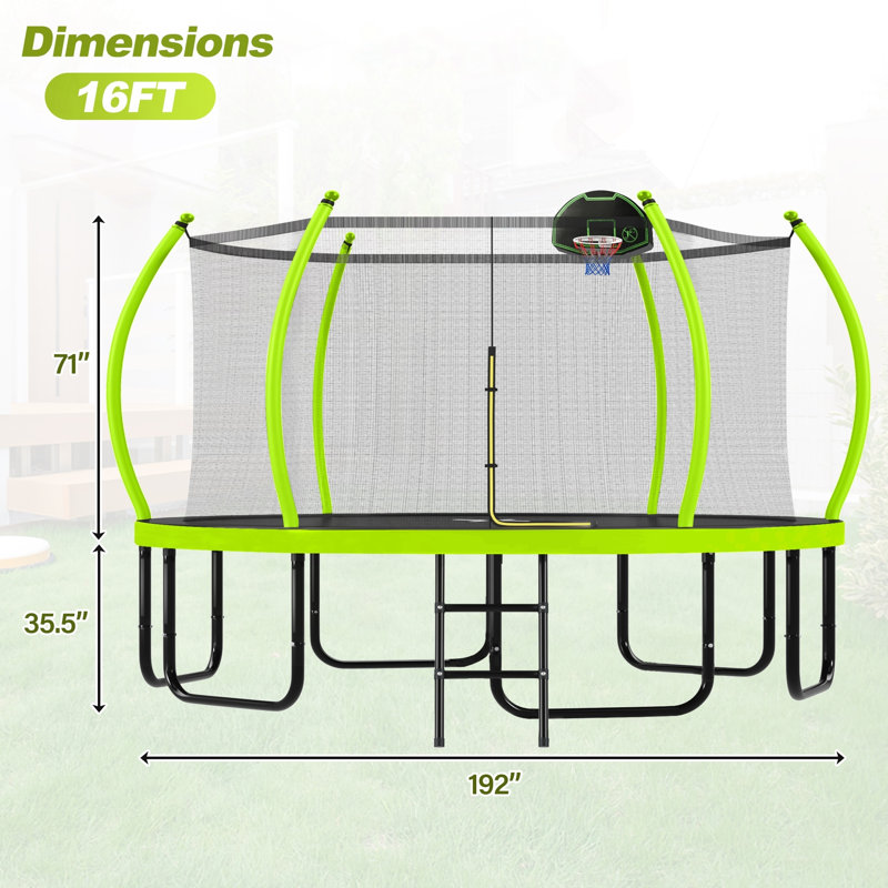 16FT Round Trampoline with Basketball Hoop & Curved Safety Poles, Green