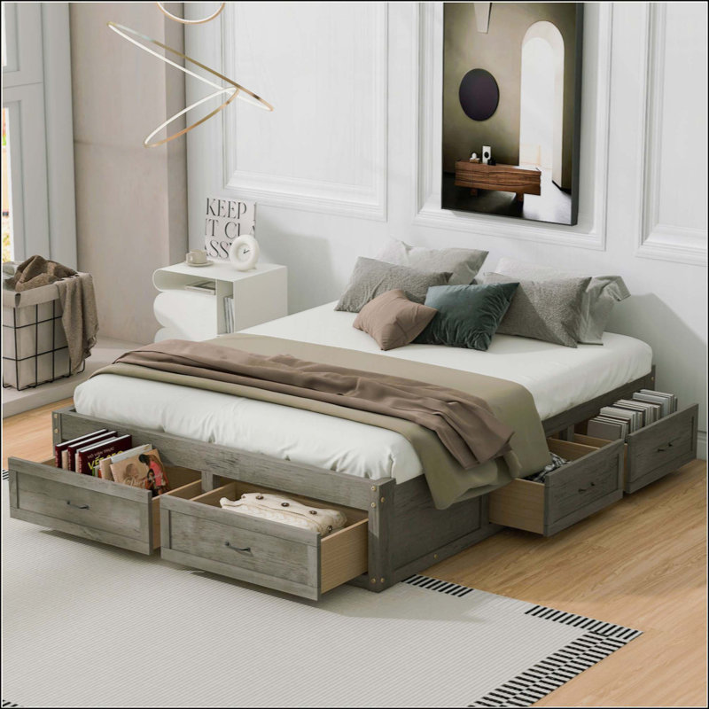 Lit plateforme avec 6 tiroirs de rangement, Gris antique, Grand lit
