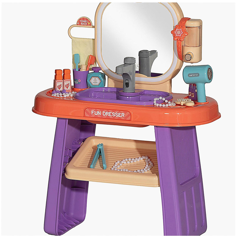 Qaba  Vanity Set, Toddler Makeup Table with Faucet, Mirror, LED Light, Music, 23 Accessories, Pretend Play Set for Girls 3-6 Years, Purple