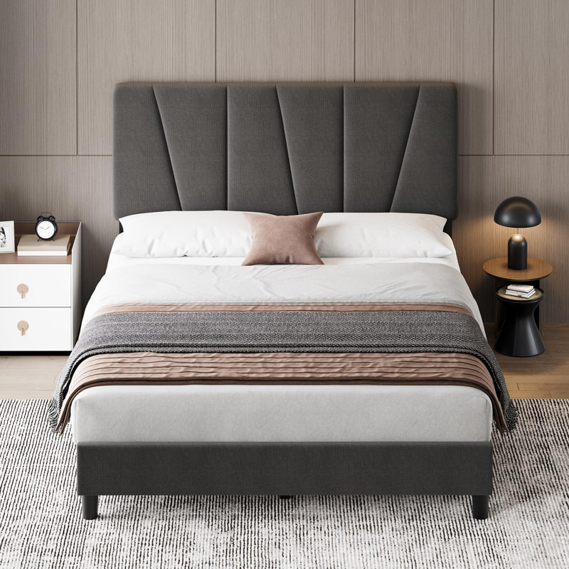 Bed Frame With Headboard Adjustable, Linen Upholstered Platform Bed With Headboard, Full, Dark Gray
