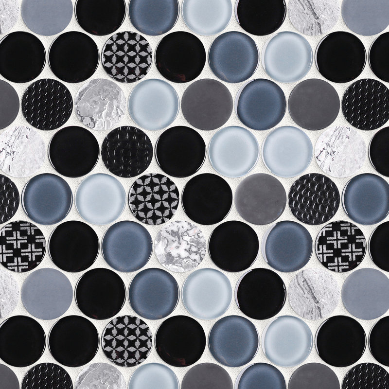 Carreau de mosaïque mural rond à motif marbré 11 po x 11,75 po Fusion Dot, Noir / gris