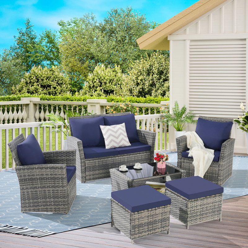 6 Piece Wicker Patio Furniture Sets With Ottoman & Tempered Glass Coffee Table, Dark Blue