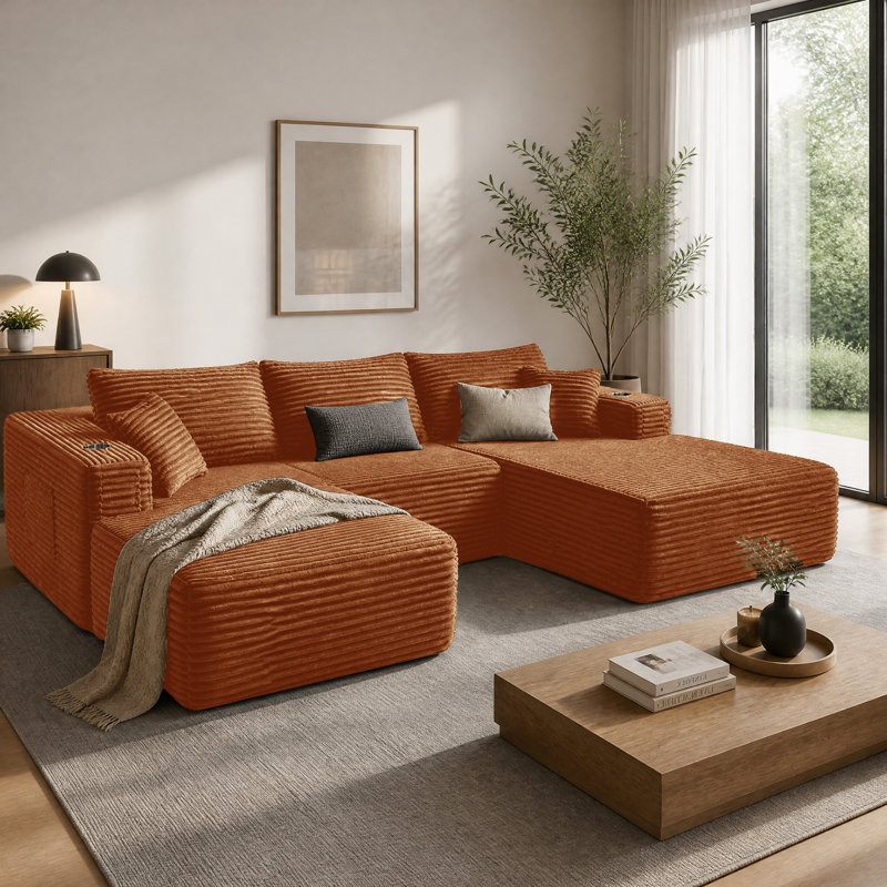 Canapé modulaire en L de 108 po Hornbeck faisant face à la droite avec méridienne et repose-pieds Hornbeck, Orange Corduroy