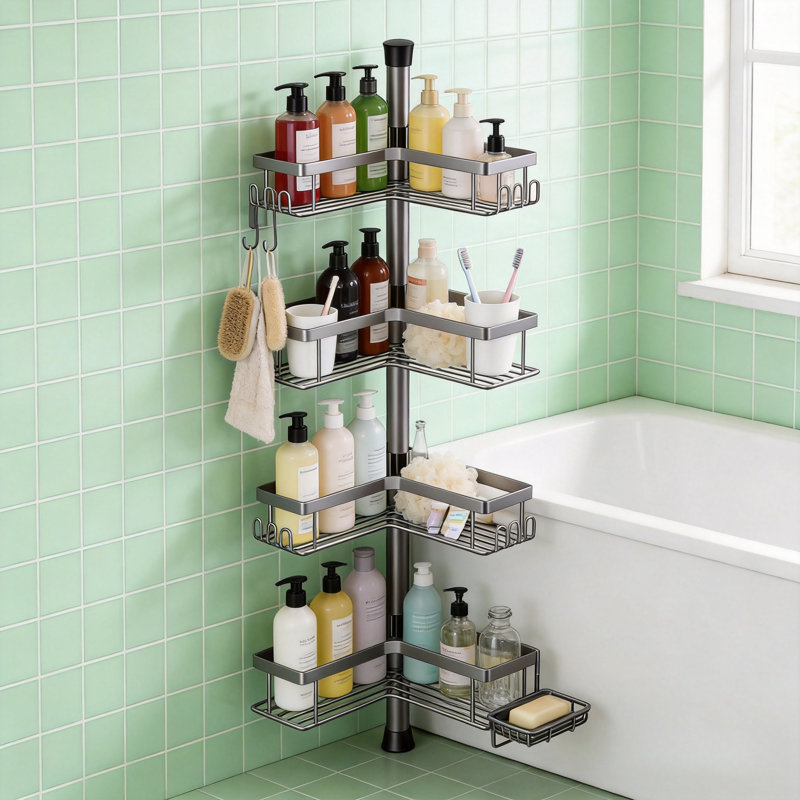 Étagère de douche d'angle à barre de tension réglable, panier de salle de bain à 4 niveaux en acier inoxydable, hauteur réglable de 121,1 cm à 314,3 cm, gris