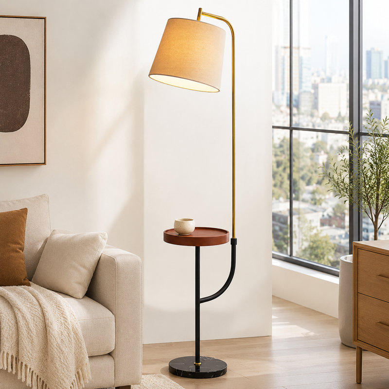 Lampe sur pied moderne Leeward 66 po avec plateau rond en bois massif et port USB, laiton poli et cadre en métal noir mat, lampe sur pied en marbre noir pour chambre à coucher, salon et bureau