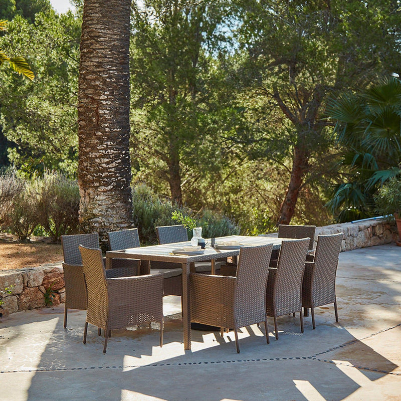 Ahmid 8 - Person Wicker Patio Dining Set with Rectangular Table , Cushions Included, Brown, No