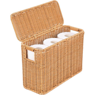 Slim Bathroom Storage Basket With Lid And Handle – Decorative Poly Rattan Wicker Organizer For Towels, Toilet Paper, Laundry, And Magazines
