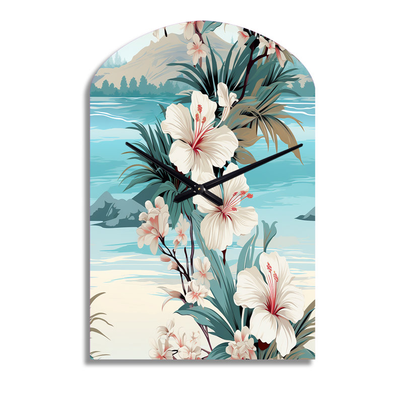 Seaside Reflections Tropical Pattern - Arch Shape White Wall Clock - Unique Shape, Large