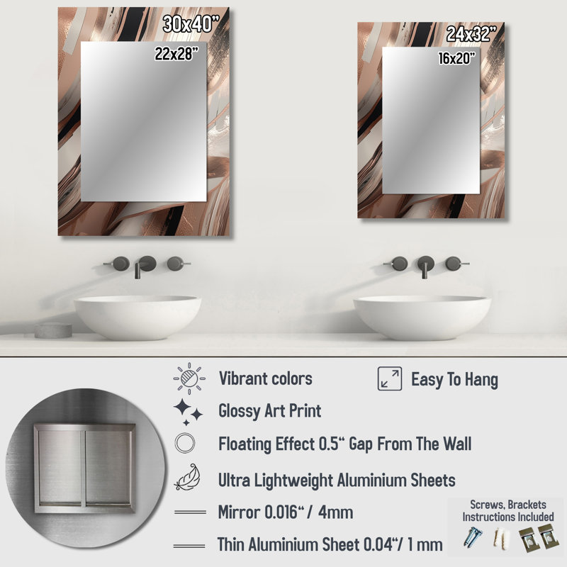 Rosegold Embracing Essence Of Lines I - Marble Mirror, Gold Decorative Wall Mirror, Printed Metal Art, 32" x 24"