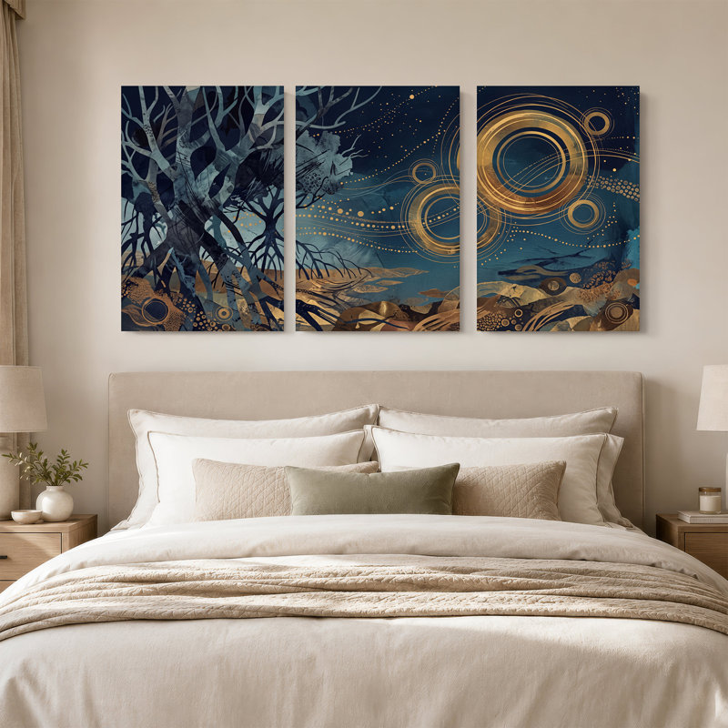 Ensemble de 3 toiles surréelles et anneaux dorés en bleu foncé, 24"H x 16"W x 3pcs