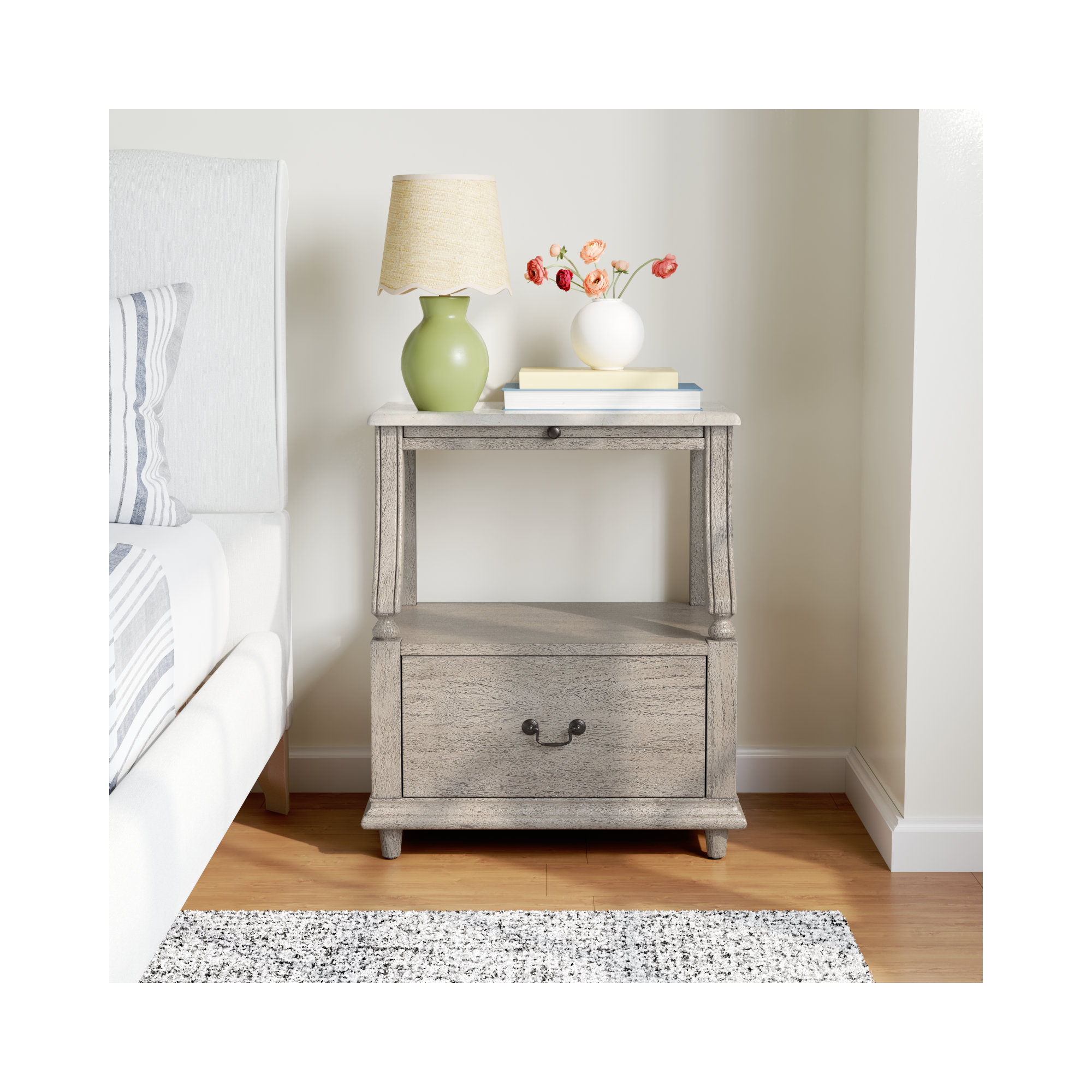 Aberdale 1 - Drawer Marble Top Nightstand, Gray