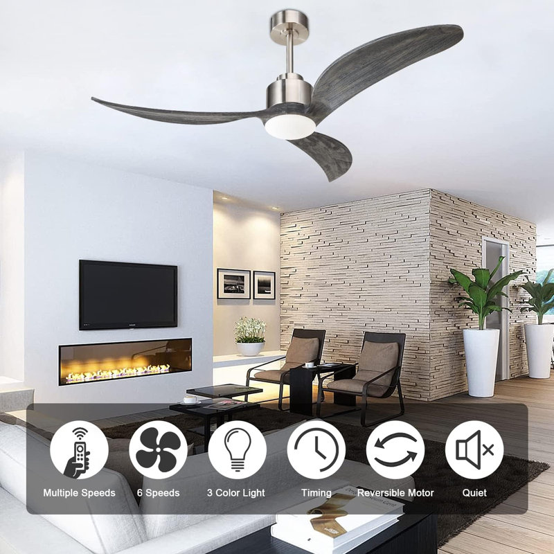 52"Grey+Wood Ceiling Fan With Light LED , Silver, Gray