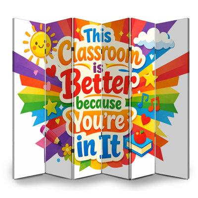 6 Panels Folding Screen Room Divider for Classroom Royal Colorful Classroom Inspirational Sun Stars Music Notes Canvas Screen Room Separator Freestanding Protective Wall Divider Privacy Partition