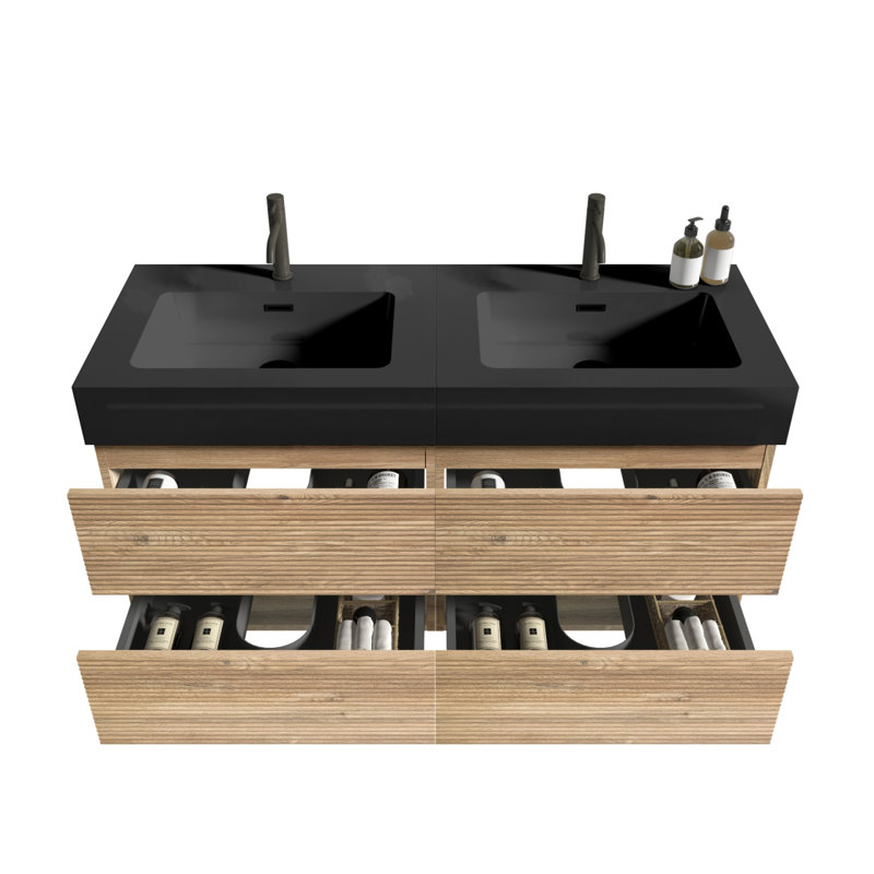 Meuble-lavabo Grace de 48 po avec lavabo en quartz d'ingénierie et tiroirs noirs doux, meuble-lavabo mural flottant pour salle de bain moderne, lavabo une pièce noir mat, KD