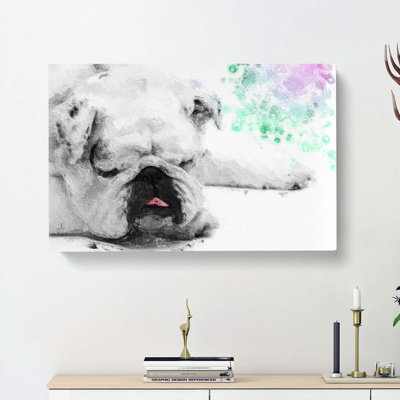 Sleeping White British Bulldog In Abstract - Wrapped Canvas