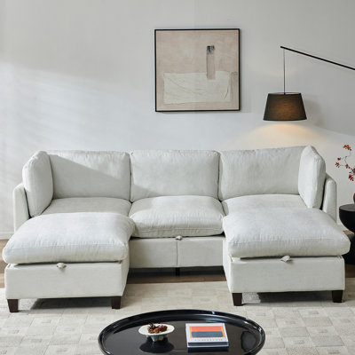 96.5 Inch U Shape Sectional Couch With Storage, Soft Chenille Upholstery, 3-Seater And Two Ottomans For Cozy Living Rooms