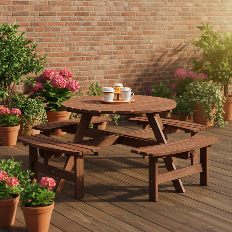 Raeis 70.05'' Outdoor Picnic Table with 4 Built-in Benches, Round Outdoor Table with Umbrella Hole , Seats Up To 8 Persons