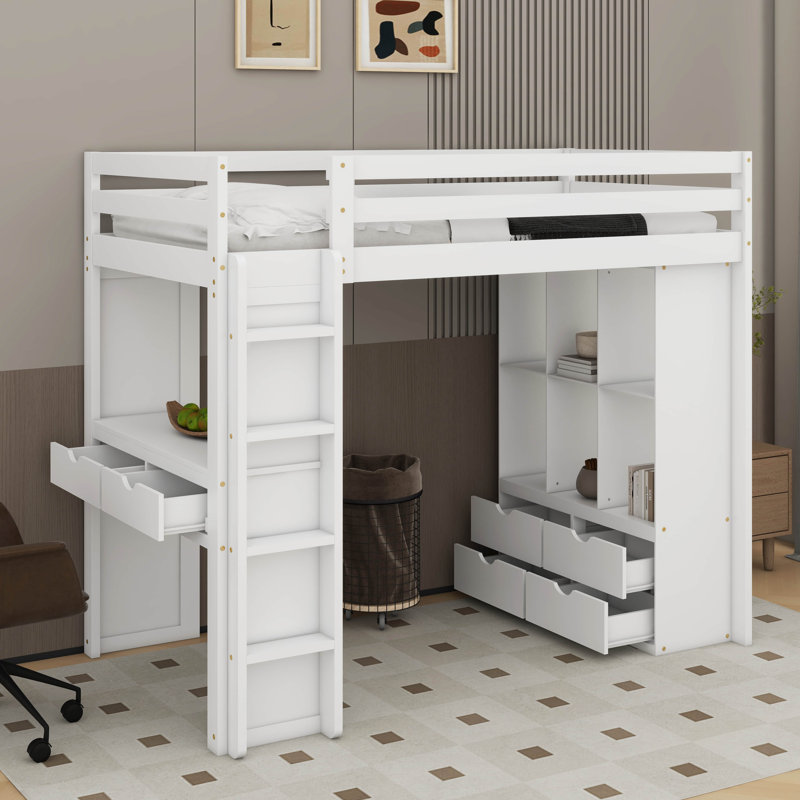 Lit mezzanine simple avec grandes tablettes, bureau et DEL, Blanc